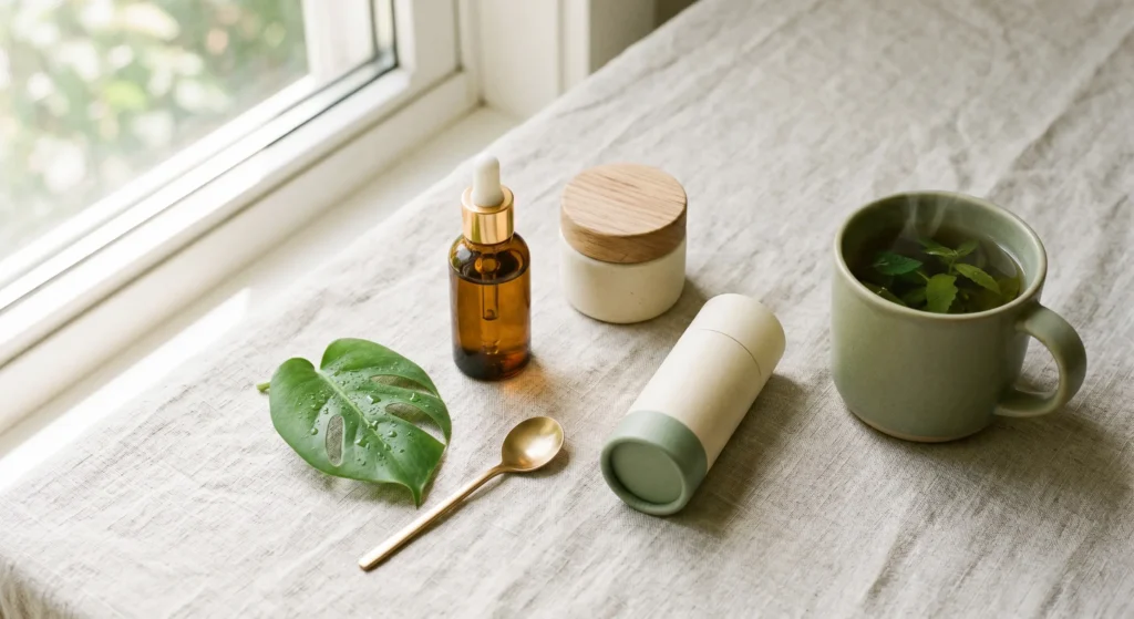 CBD-Morgenroutine mit Serum, Creme und Deodorant im Tageslicht