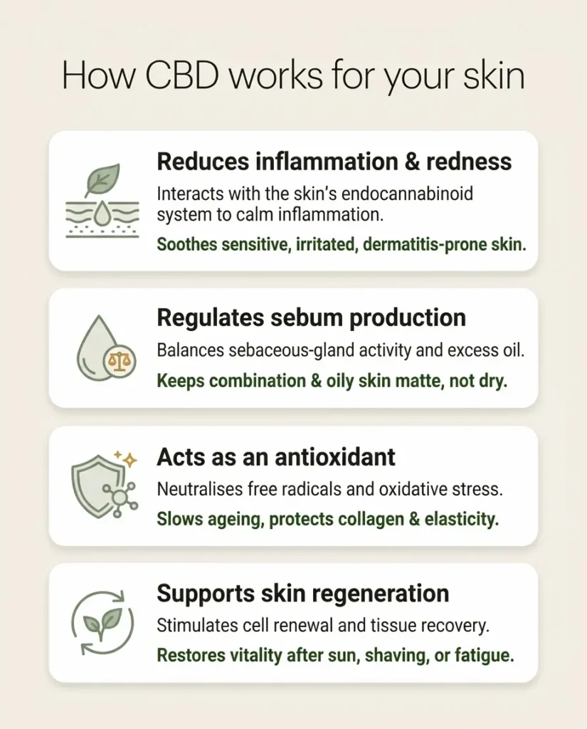 How CBD works for skin – reduces inflammation, regulates sebum, acts as an antioxidant, and supports skin regeneration